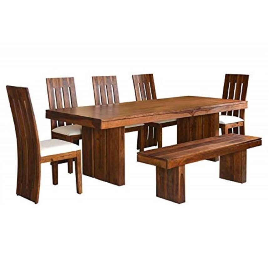Solid Sheesham Wood Dining Table 6 Seater Set with Bench for Dining ...